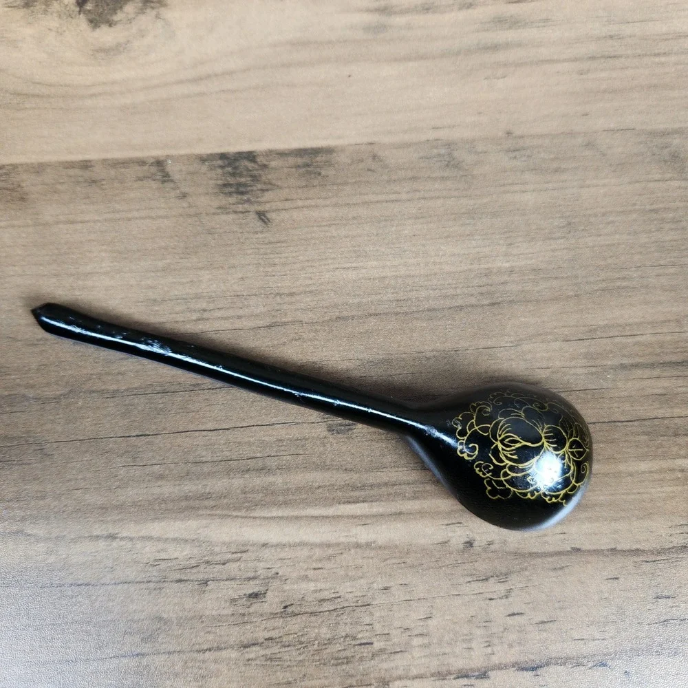 Vintage Russian Khokhloma Hand Painted Wooden Spoon Black Floral Folk Art